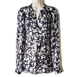 Vince 100% Silk Blouse 10 Navy Ivory Abstract Print